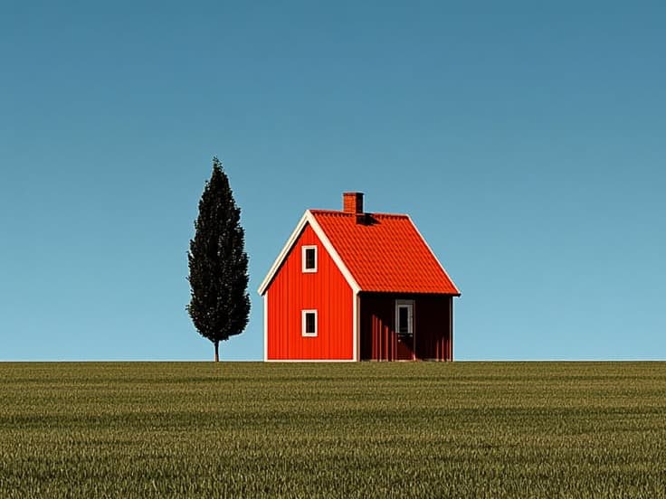 A single red house and one tree on an empty plain under a clear sky