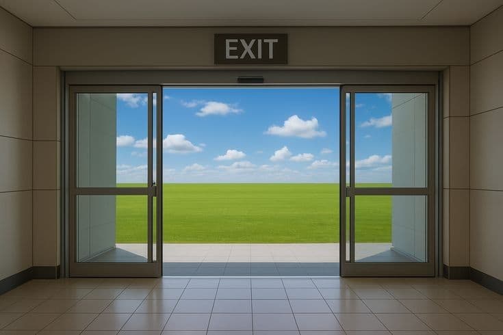 An open exit door leading out onto a wide green field
