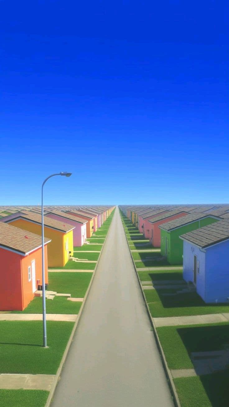 Two identical rows of small houses divided by one straight road